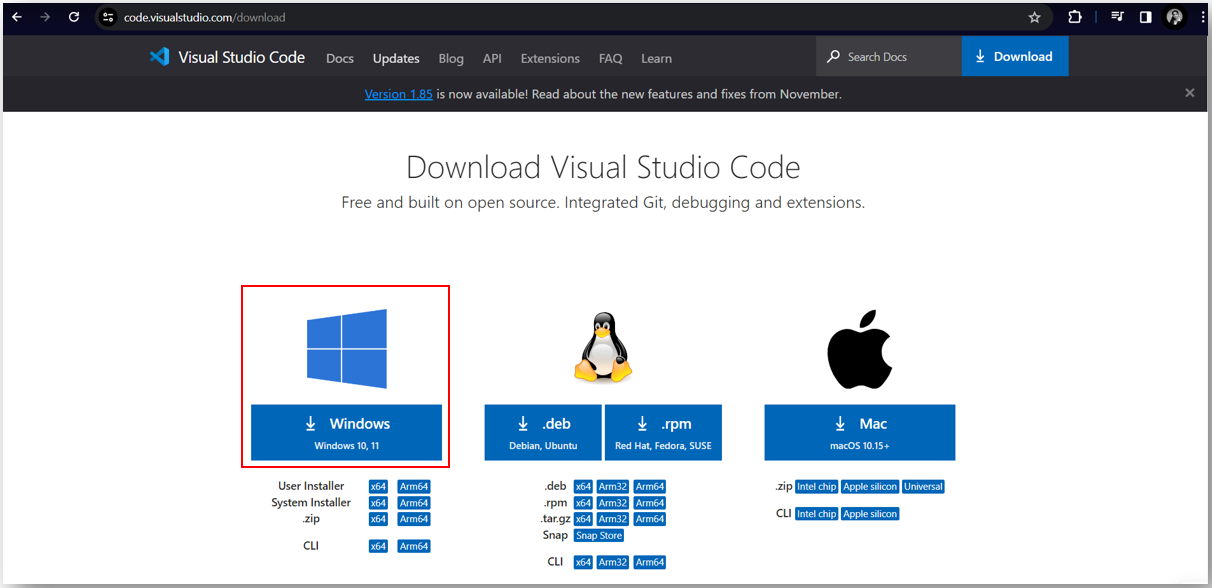 VS Code yuklash saxifasi